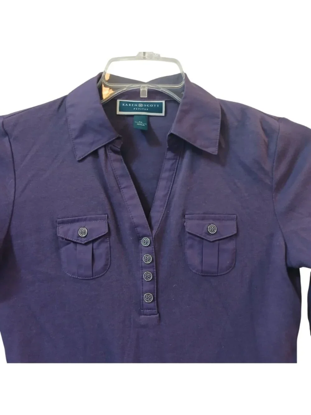 Karen Scott Petite Small PS Purple Cotton 3/4 Sleeve Polo Shirt Button NWOT D-27 - Picture 6 of 8